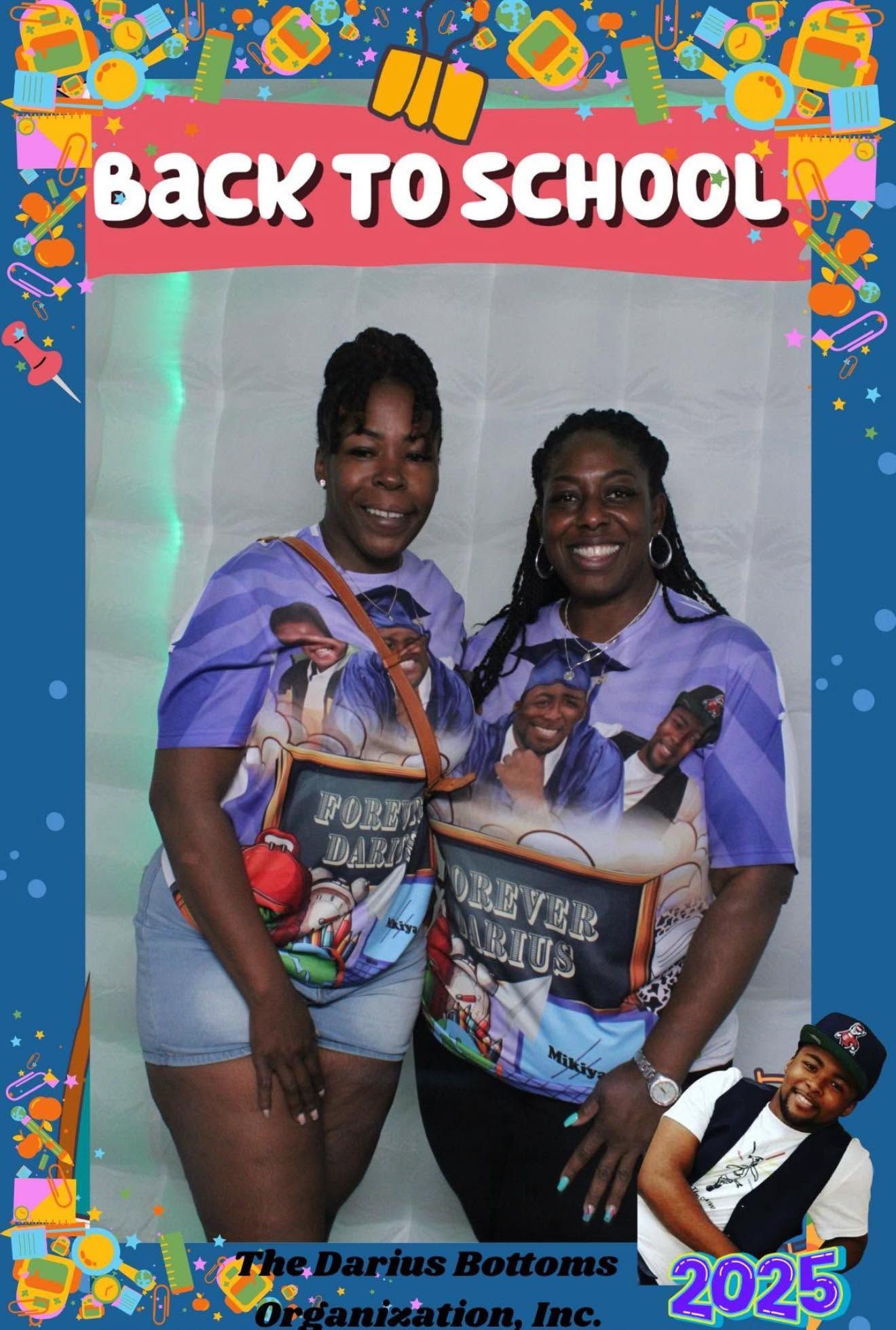 Back-to-school poster with two smiling people holding school bags, colorful border, and “2025” text