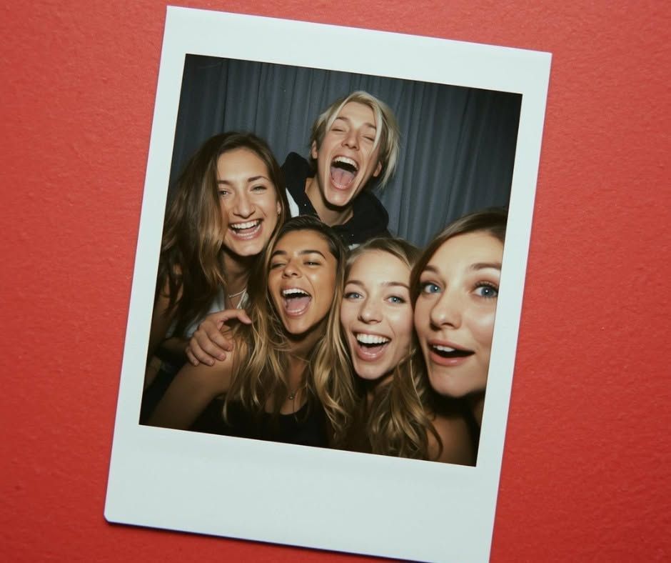 Five friends smiling and posing in a Polaroid-style photo on a red background