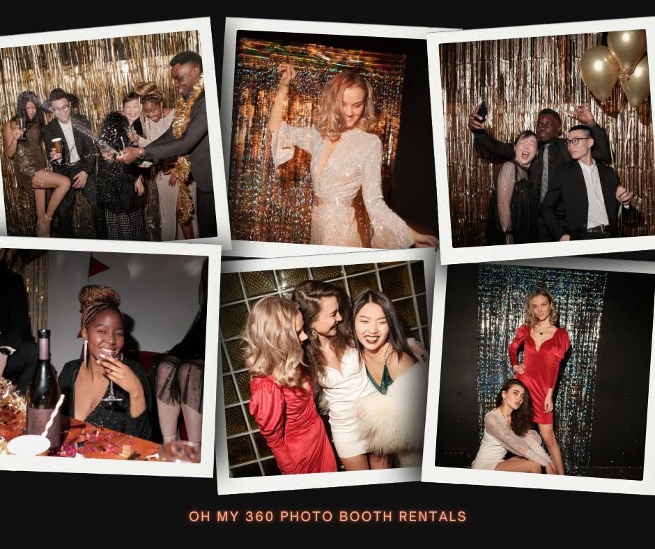 Collage of six people posing at a glittery photo booth event with festive props and champagne tones