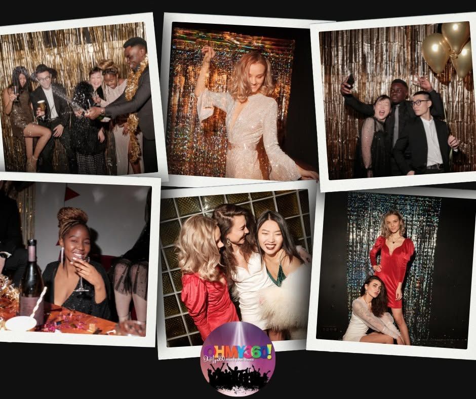 Collage of party snapshots with people posing, laughing, and dancing at a glittery celebration