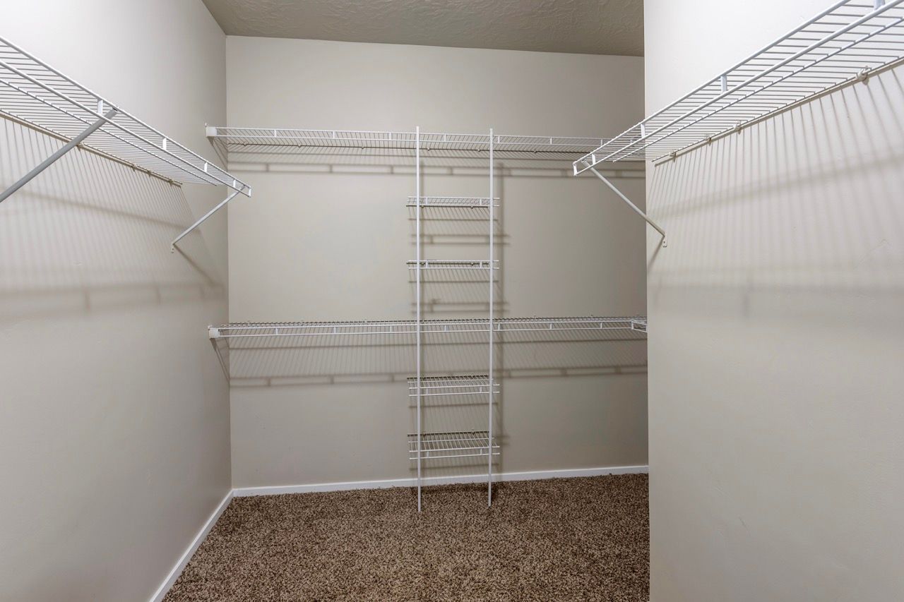 Walk-in closet with white wire shelving and carpeted floor.