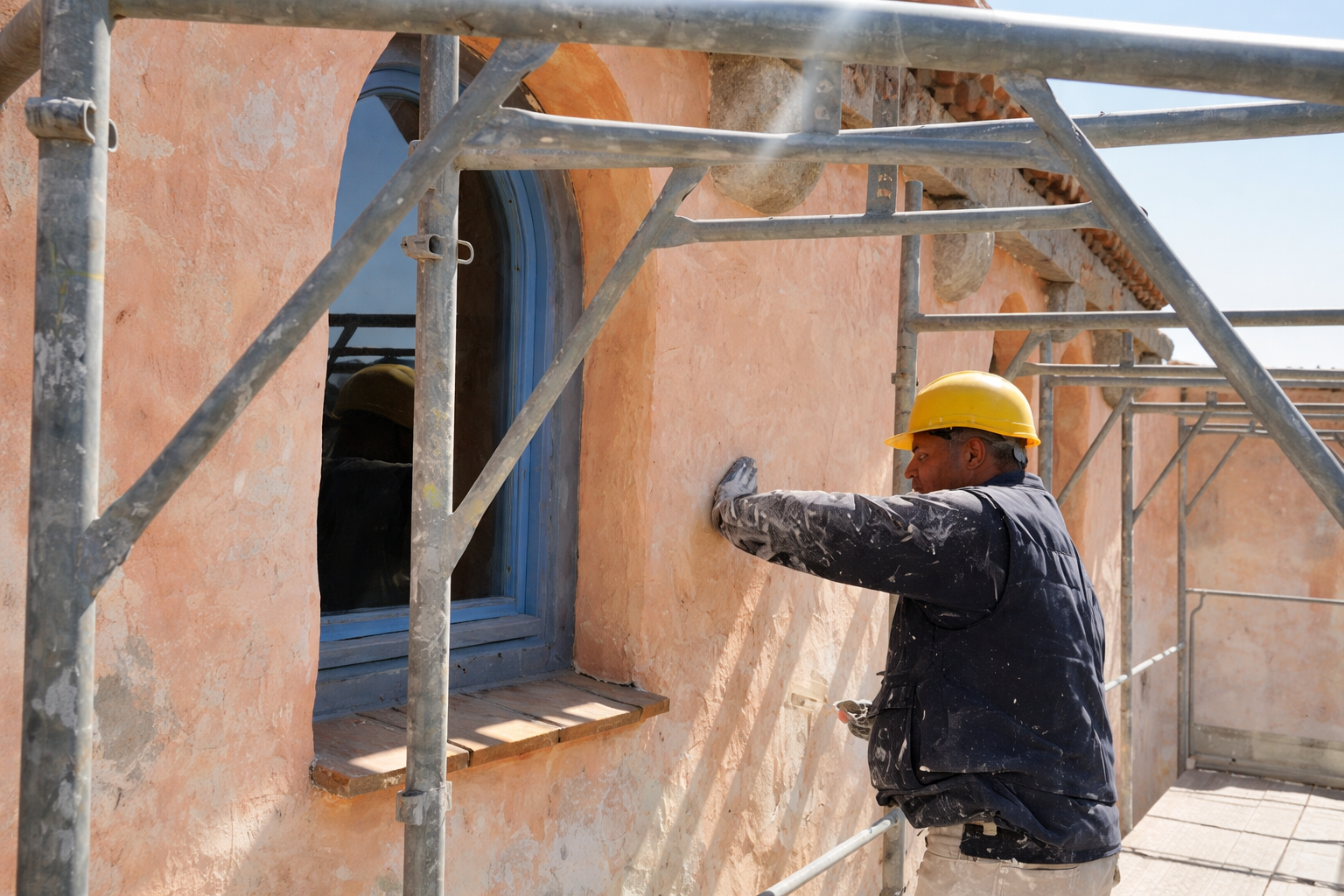 Un uomo con un casco giallo applica l'intonaco su un muro accanto a una finestra ad arco blu, con un'impalcatura.