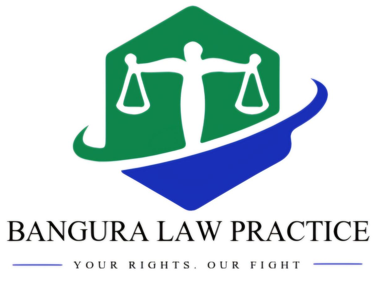 Logo for Bangura Law Practice: a person with scales of justice inside a green hexagon, blue swirl below.