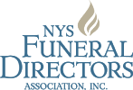 NYS Funeral Directors Association logo with blue text and gold flame icon