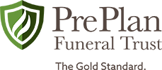 PrePlan Funeral Trust logo with green shield icon and the tagline “The Gold Standard.”