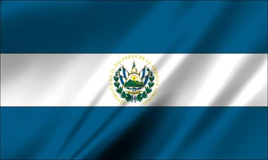 Flag of El Salvador with blue-white-blue horizontal stripes and the national coat of arms centered