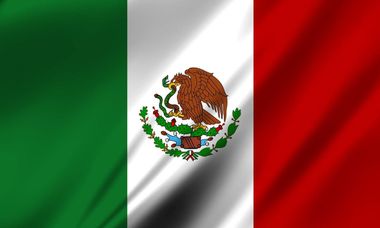 Mexican flag with green, white, and red vertical stripes and the national eagle emblem in the center