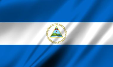 Blue-white-blue striped flag with the national emblem of Nicaragua centered
