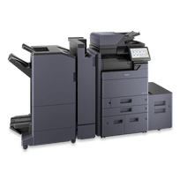 Large gray office copier with paper trays and control panel on a white background