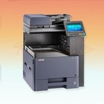 Multifunction office copier printer with touchscreen control panel on a light gradient background