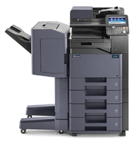 Large gray office copier/printer with document feeder, control panel, and multiple paper drawers