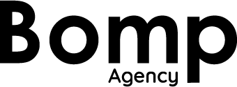 Un logotipo en blanco y negro para una empresa llamada Bomp Agency.