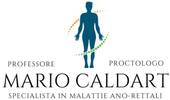 Logo per Mario Caldart, proctologo, con la sagoma blu di una persona e del testo.
