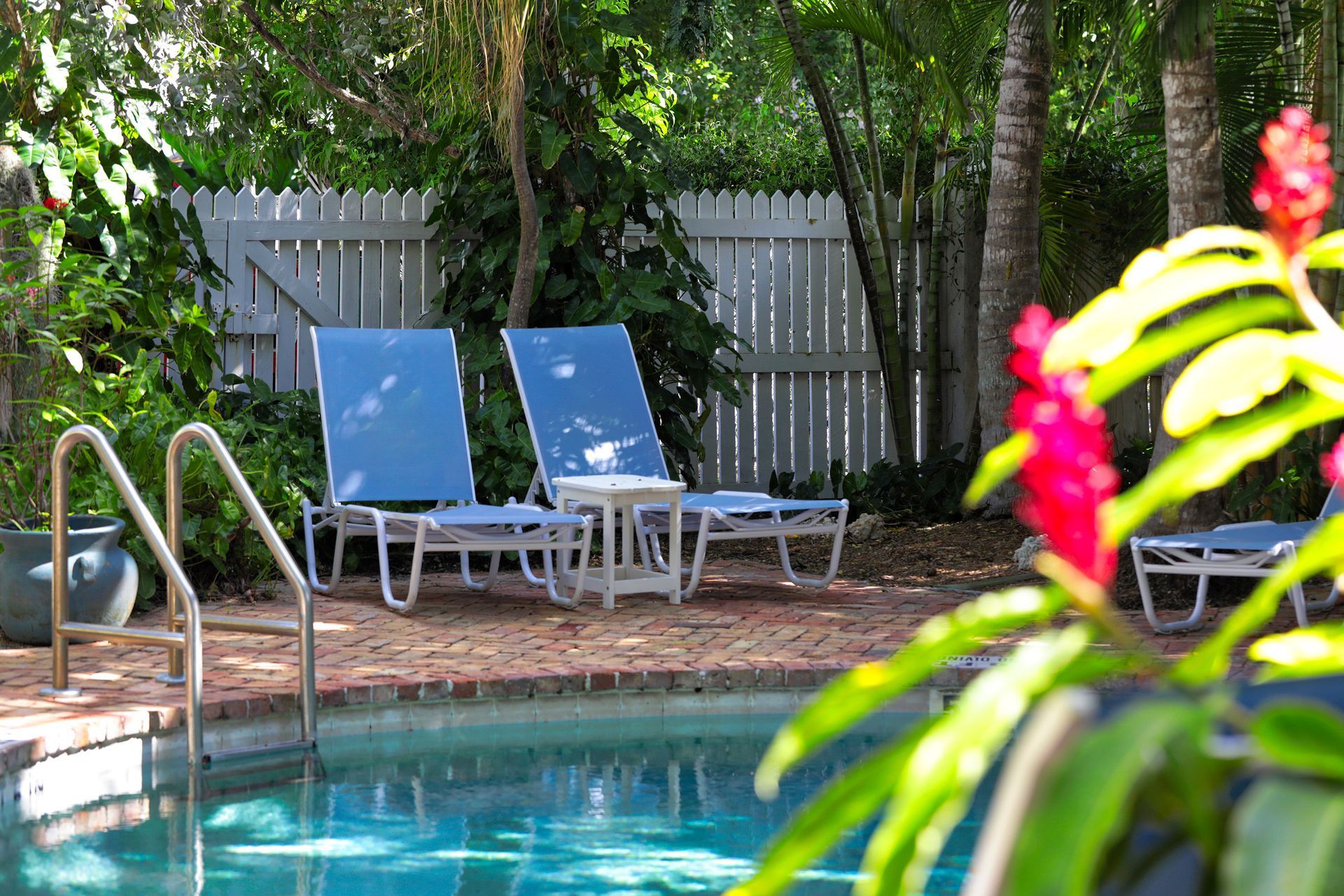 Two blue lounge chairs by a pool with a white fence and tropical plants in the background.