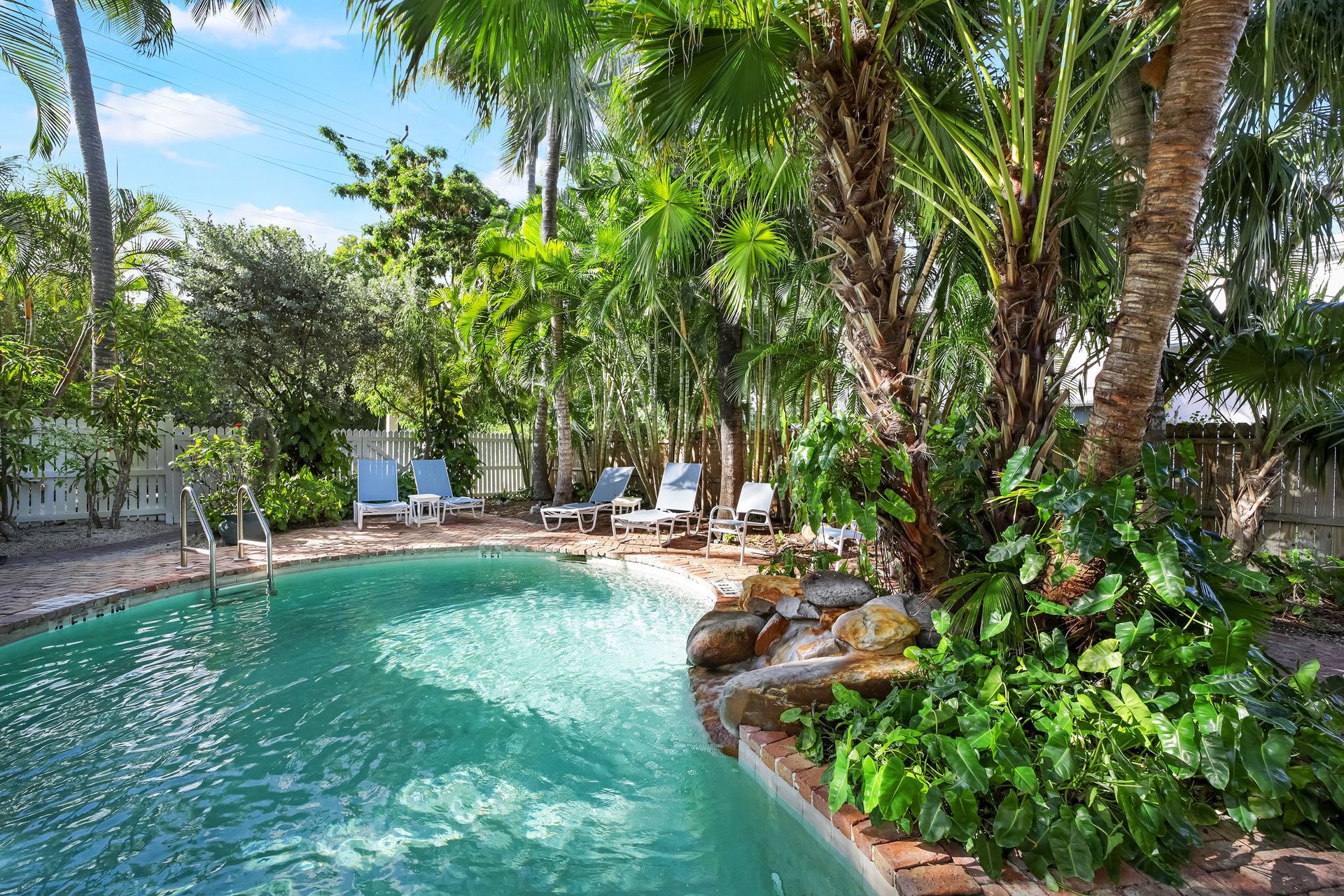 Swimming pool surrounded by tropical plants and lounge chairs on a sunny day.