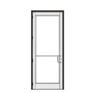 Glass entry door with a brown frame and a horizontal bar handle.