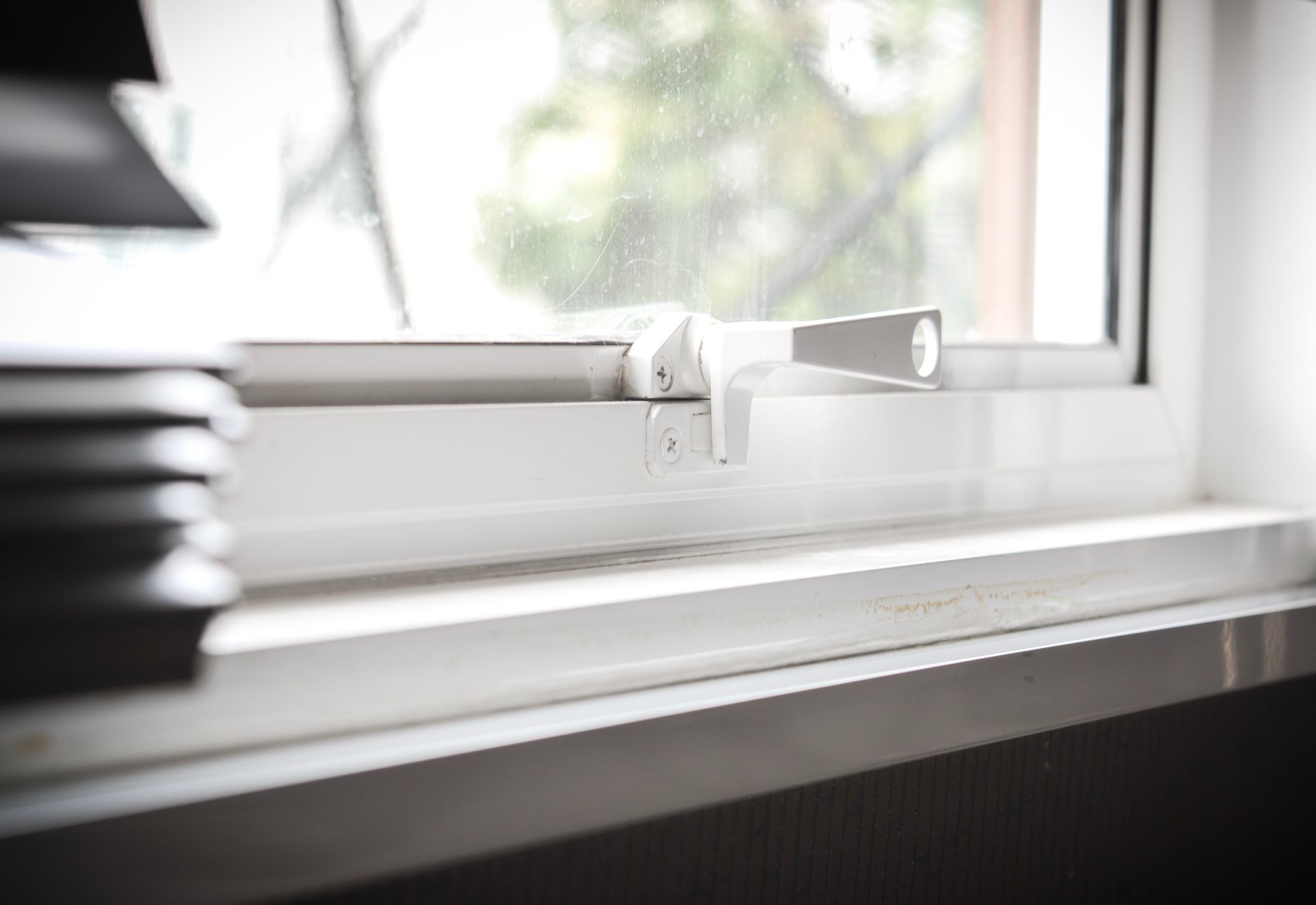 White window with open lever against a blurry outdoor view.