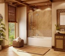 Bathroom with wooden accents, a tub, shower, window, and sink, with a warm, natural color palette.