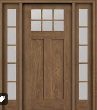 Wooden front door with glass panels and sidelights.