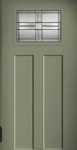 Green door with a rectangular glass window with a decorative grid, and three vertical panels.