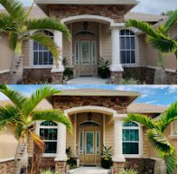 Two photos of a house entrance; beige walls, stone accents, arched entryway, palm trees, windows.