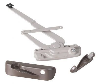 Window hardware: a crank, handle, and stay arm in gray-brown.