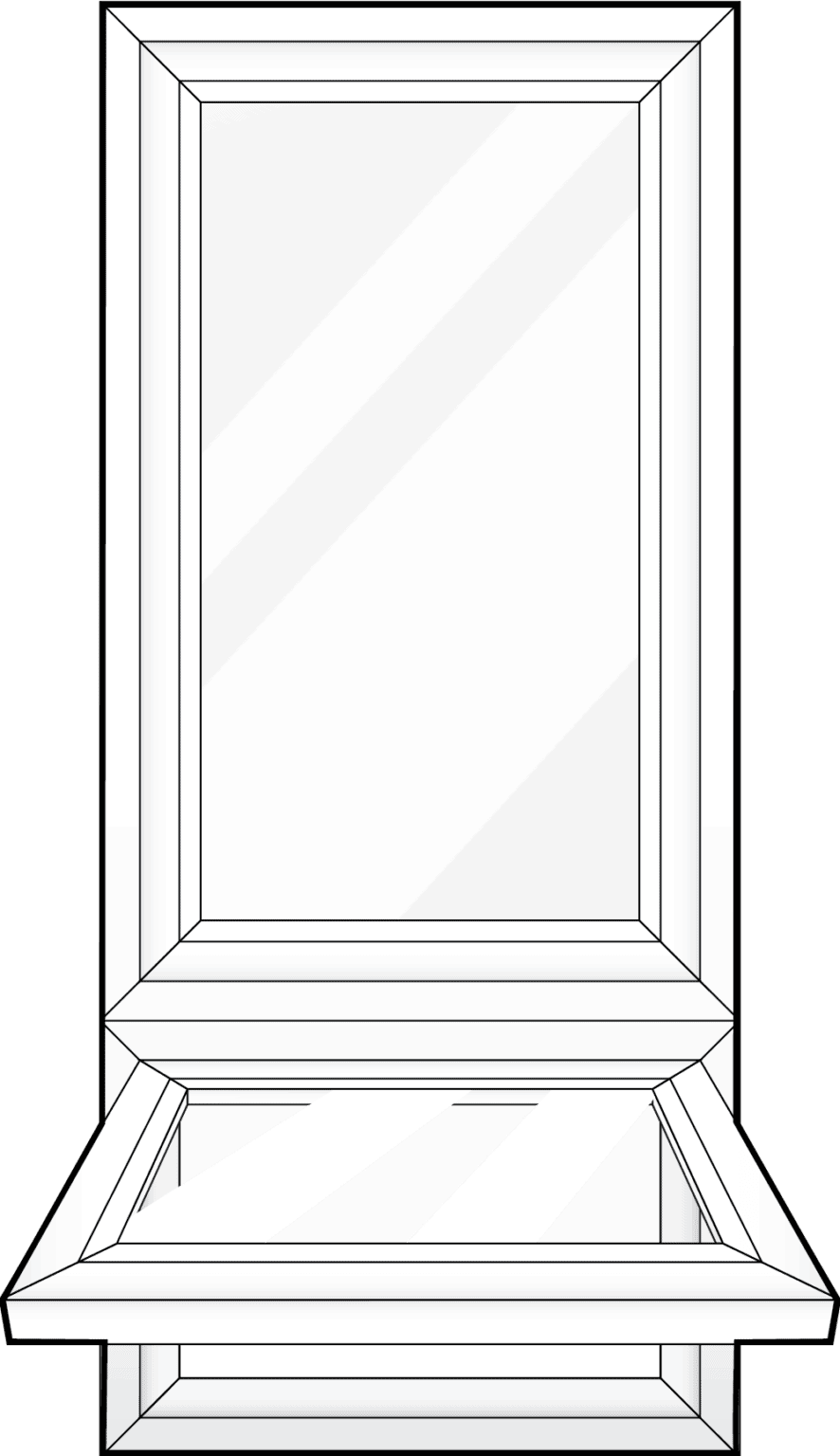 A black and white drawing of a window with the glass open.