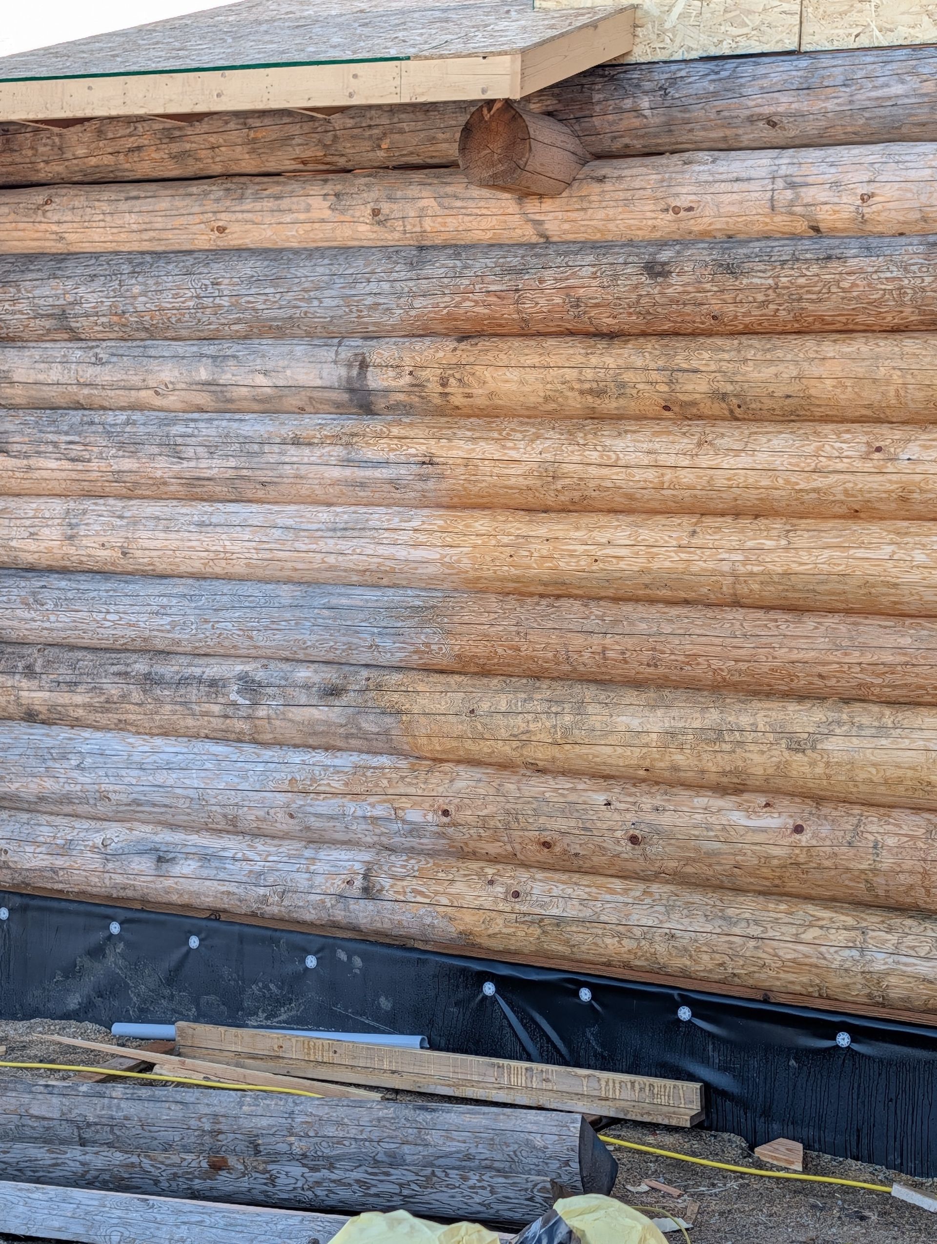 Close-up of a weathered log cabin wall with a damaged seam and dark gap near the bottom