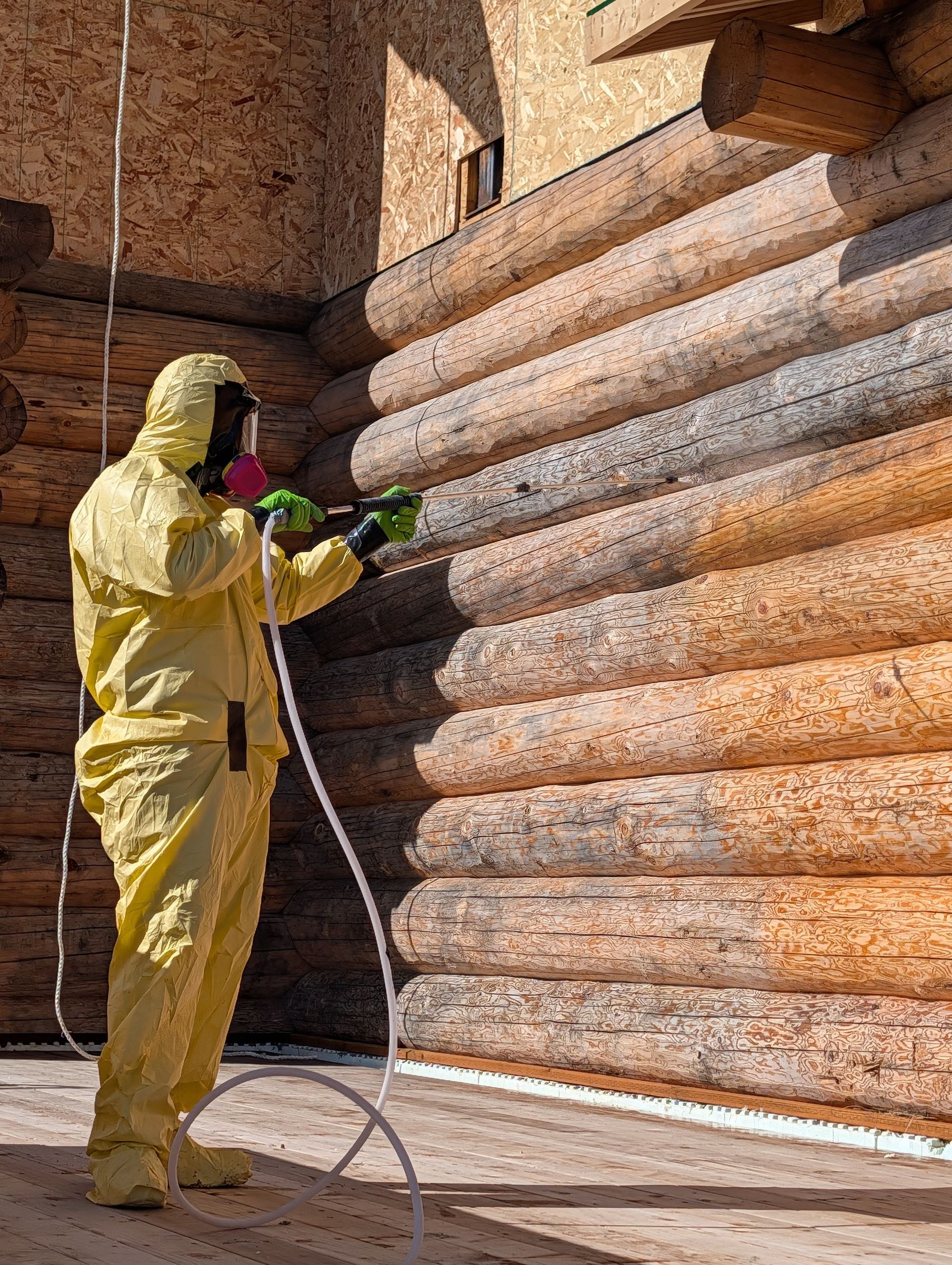 Person in yellow protective suit pressure-washes a stone wall with a green sprayer.