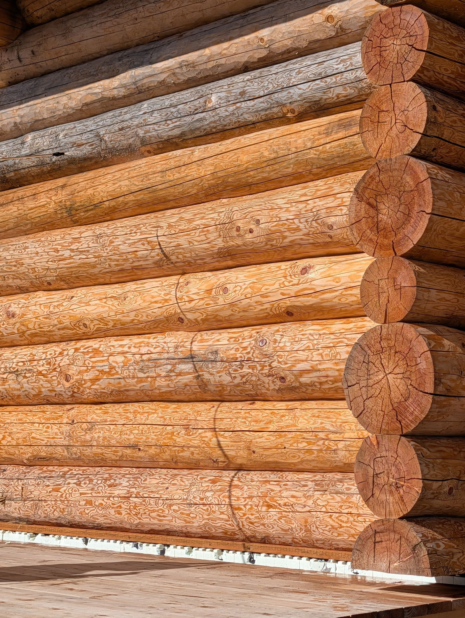 Stacked round logs forming a log cabin wall, with weathered brown wood ends visible on the right.