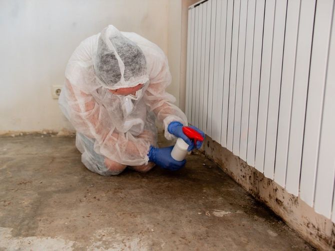 Person in protective gear spraying the floor along a wall with a red and blue cleaning tool
