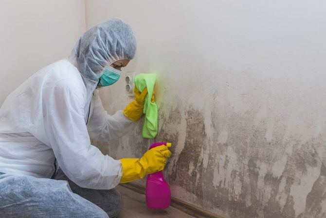 Person in protective gear cleaning a moldy wall with spray bottles and cloths