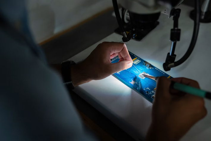 Hands soldering a blue circuit board under a microscope with a lit workbench