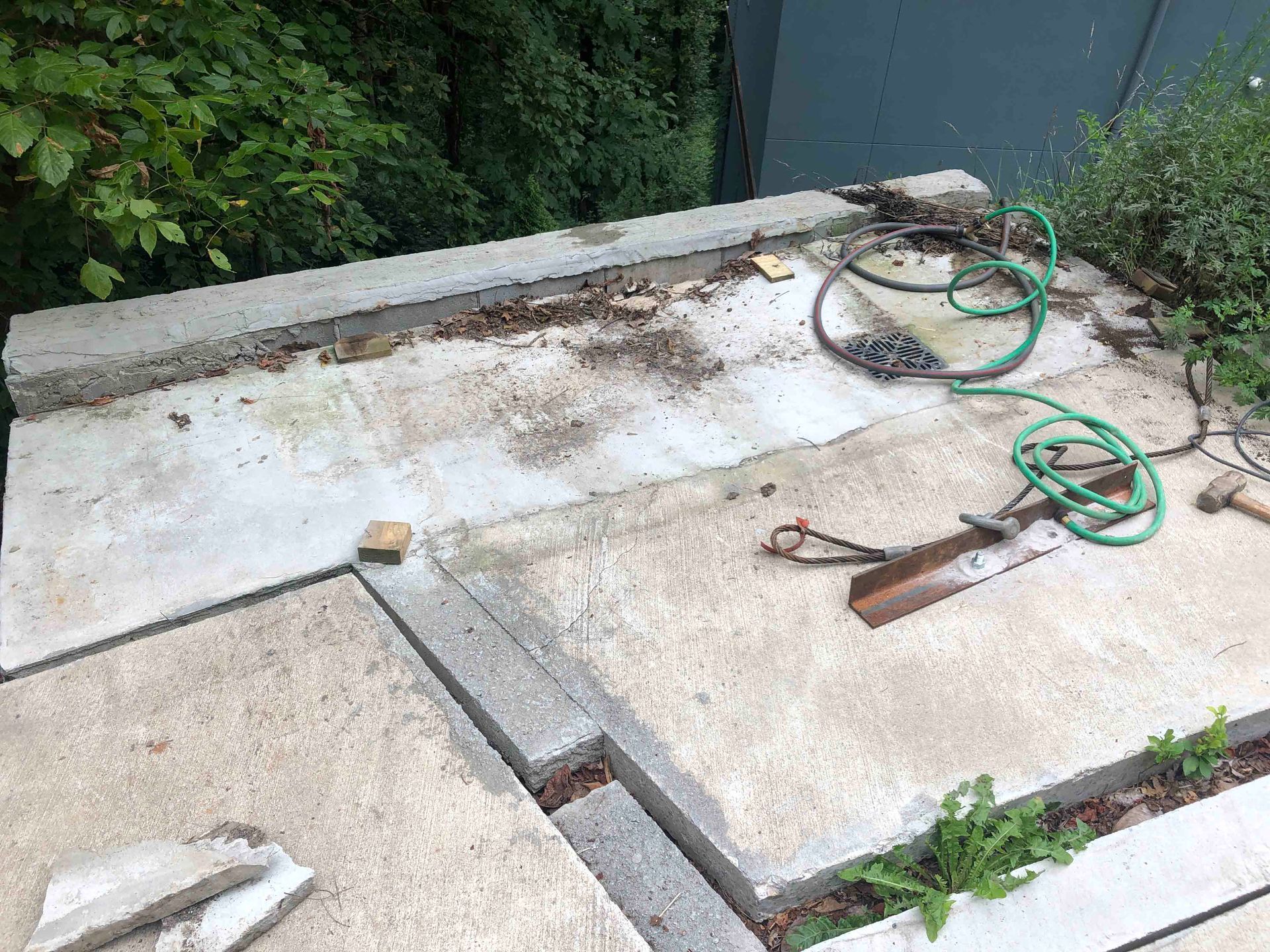 A green hose is laying on top of a concrete surface.