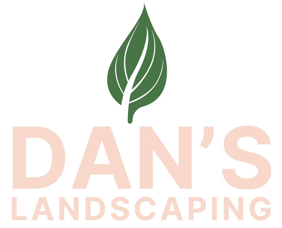Dan&rsquo;s Landscaping logo with green leaf icon and peach text
