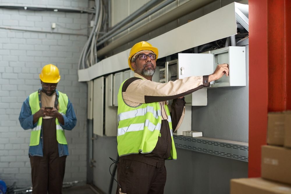Two workers in safety vests and hard hats checking electrical panels in a warehouse.