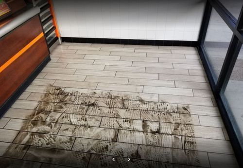 Arizona Carpet and Tile Steamers, Inc.- Tile and grout cleaning service removing heavy dirt from commercial floor in Mesa, AZ