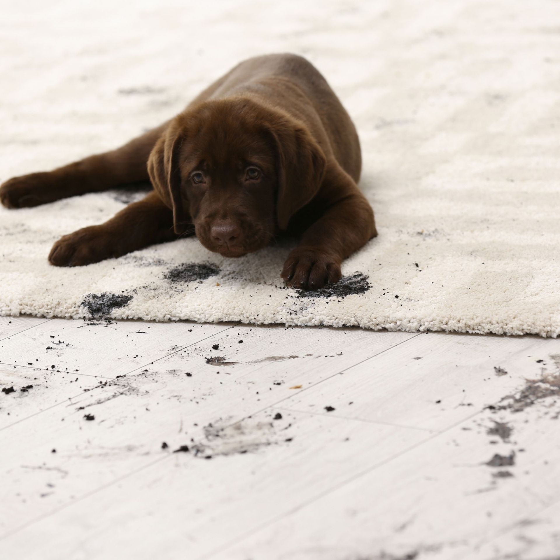 Arizona Carpet and Tile Steamers, Inc.- A cocker spaniel is sitting on a dirty carpet in a living room.