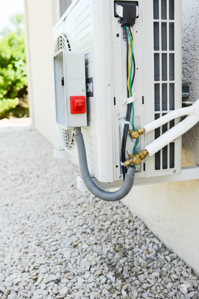 Outdoor air conditioning unit attached to a light-colored wall, with a gravel ground.
