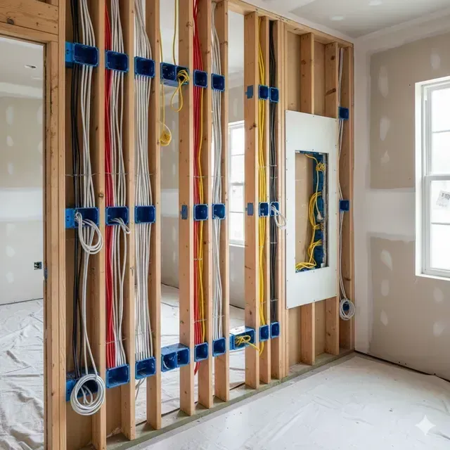 Interior wall under construction with exposed wiring, held by blue clips.