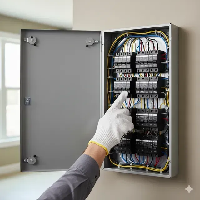 Person wearing a glove points at electrical panel with wires and circuit breakers.
