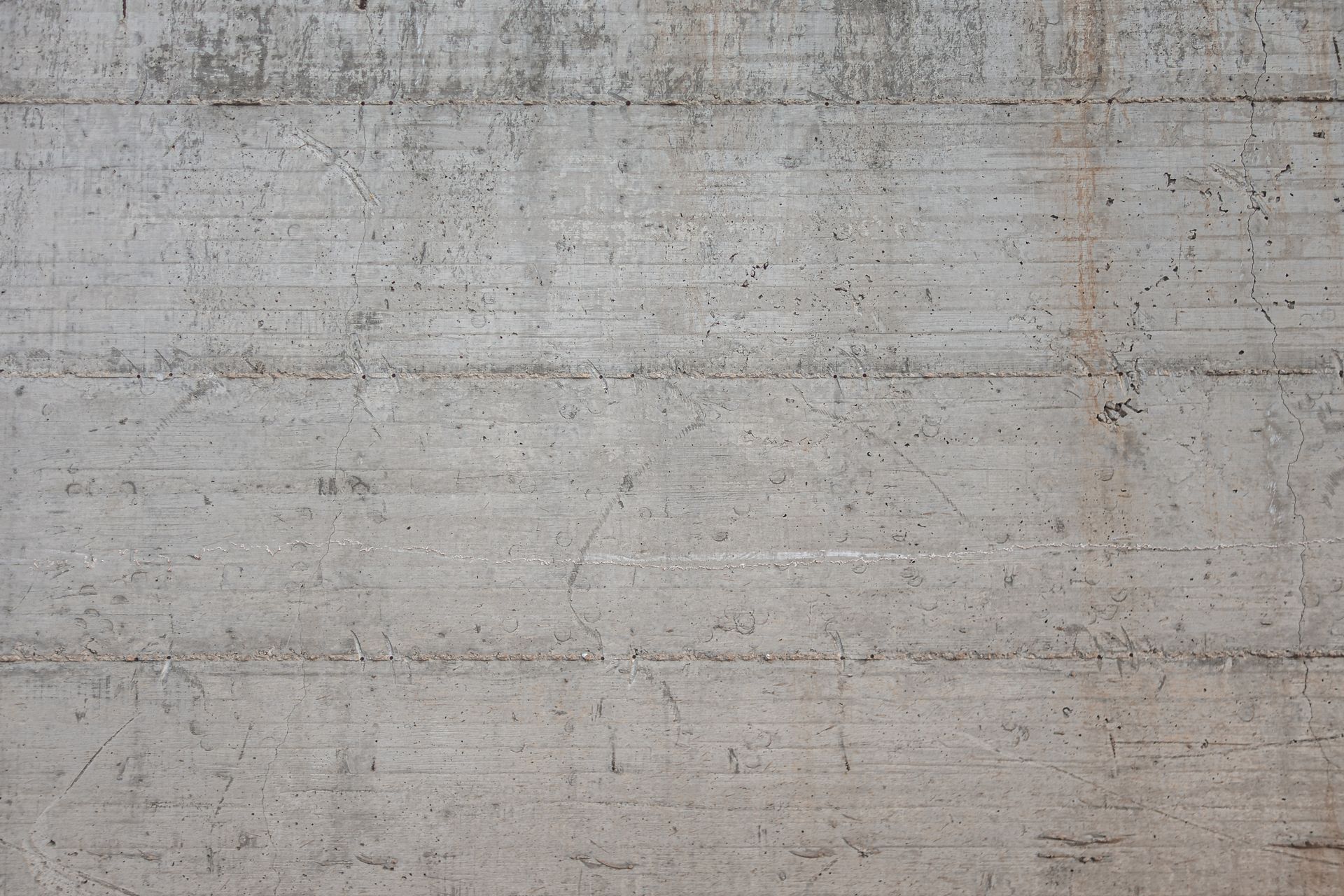 Mur en béton gris à lignes horizontales, texture patinée.