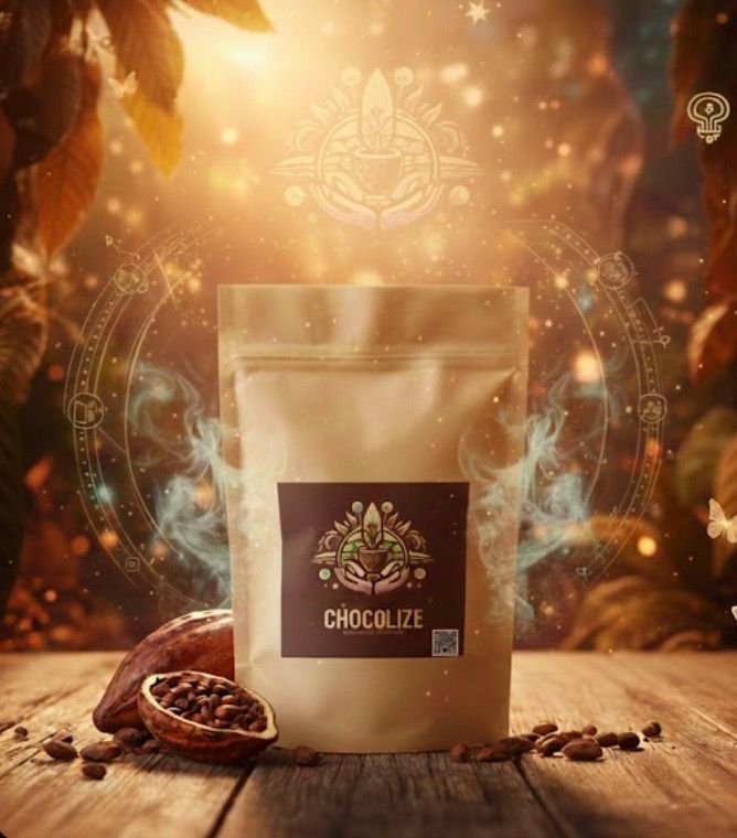 Twee ingepakte repen chocolade op een stenen altaar met cacaopeulen en -bonen. Een boslandschap met vlinders en licht.