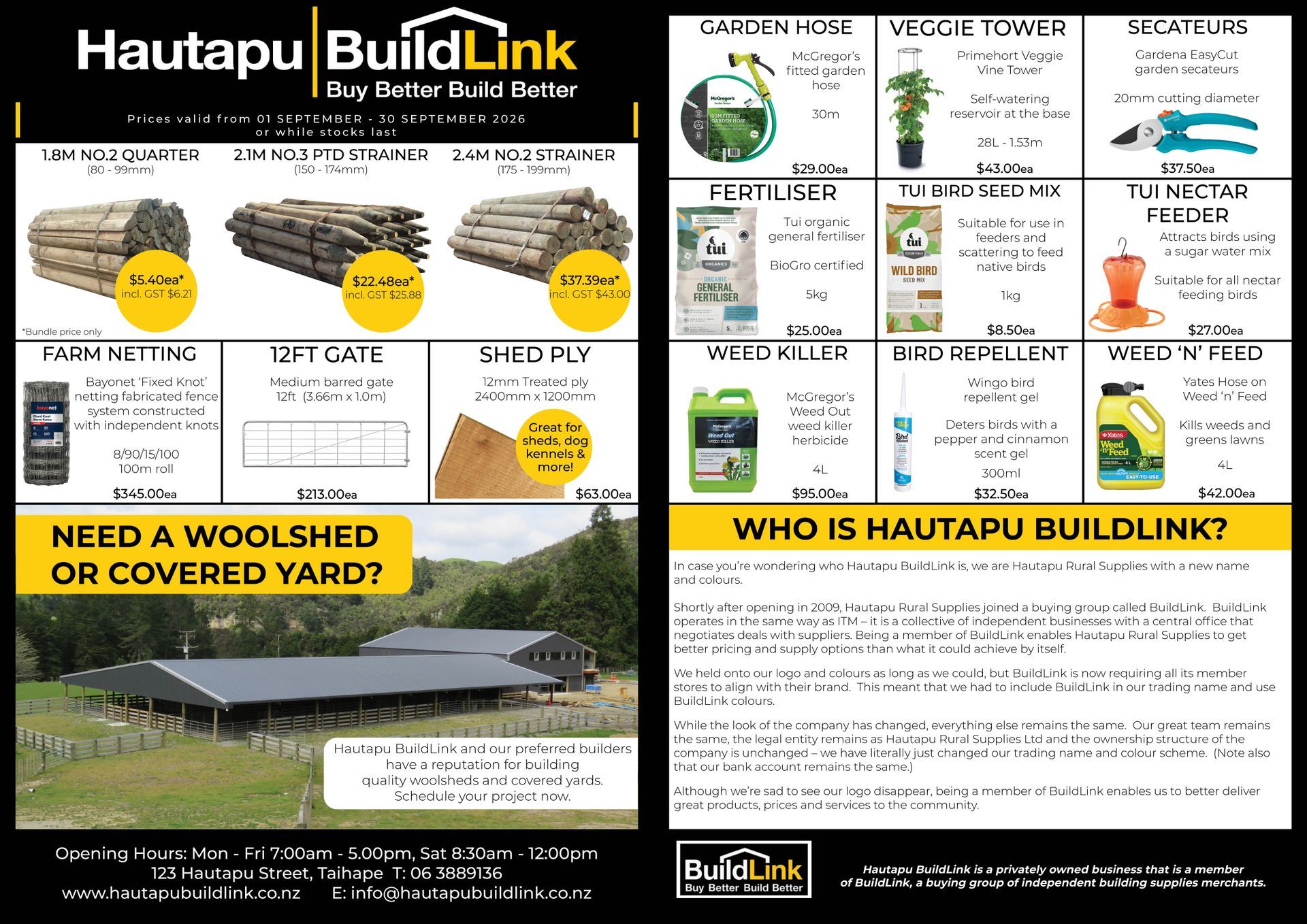 A flyer for Eastland Farm Supplies listing September hardware and fencing deals with contact details and business hours.