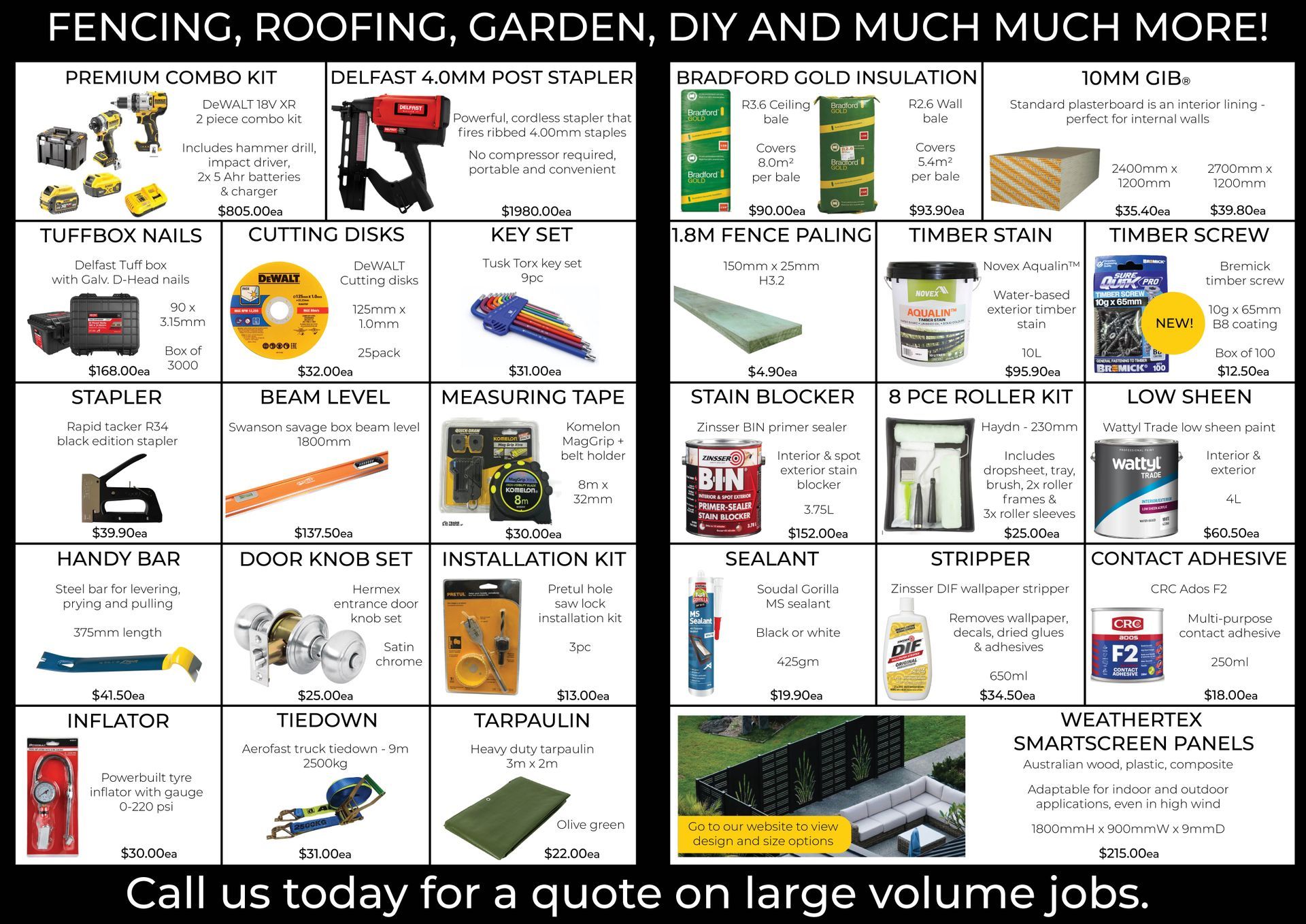 Product catalog grid showing fencing, roofing, and gardening tools with prices and descriptions for each item.