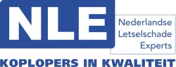 NLE logo in blue and white with Dutch text “Nederlandse Letselschade Experts” and slogan “Koplopers in kwaliteit”