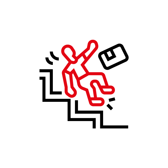 Een rood figuur valt van de trap, met een zwart boek dat ernaast vliegt.