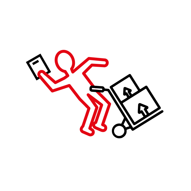 Een rood stokfiguurtje struikelt over een karretje met dozen en laat een telefoon vallen.