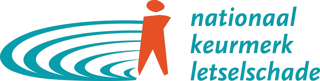 Logo for Nationaal Keurmerk Letselschade with teal waves and an orange figure