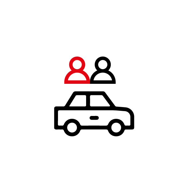 Twee personen boven een auto-icoon, een rode en een zwarte, op een witte achtergrond.